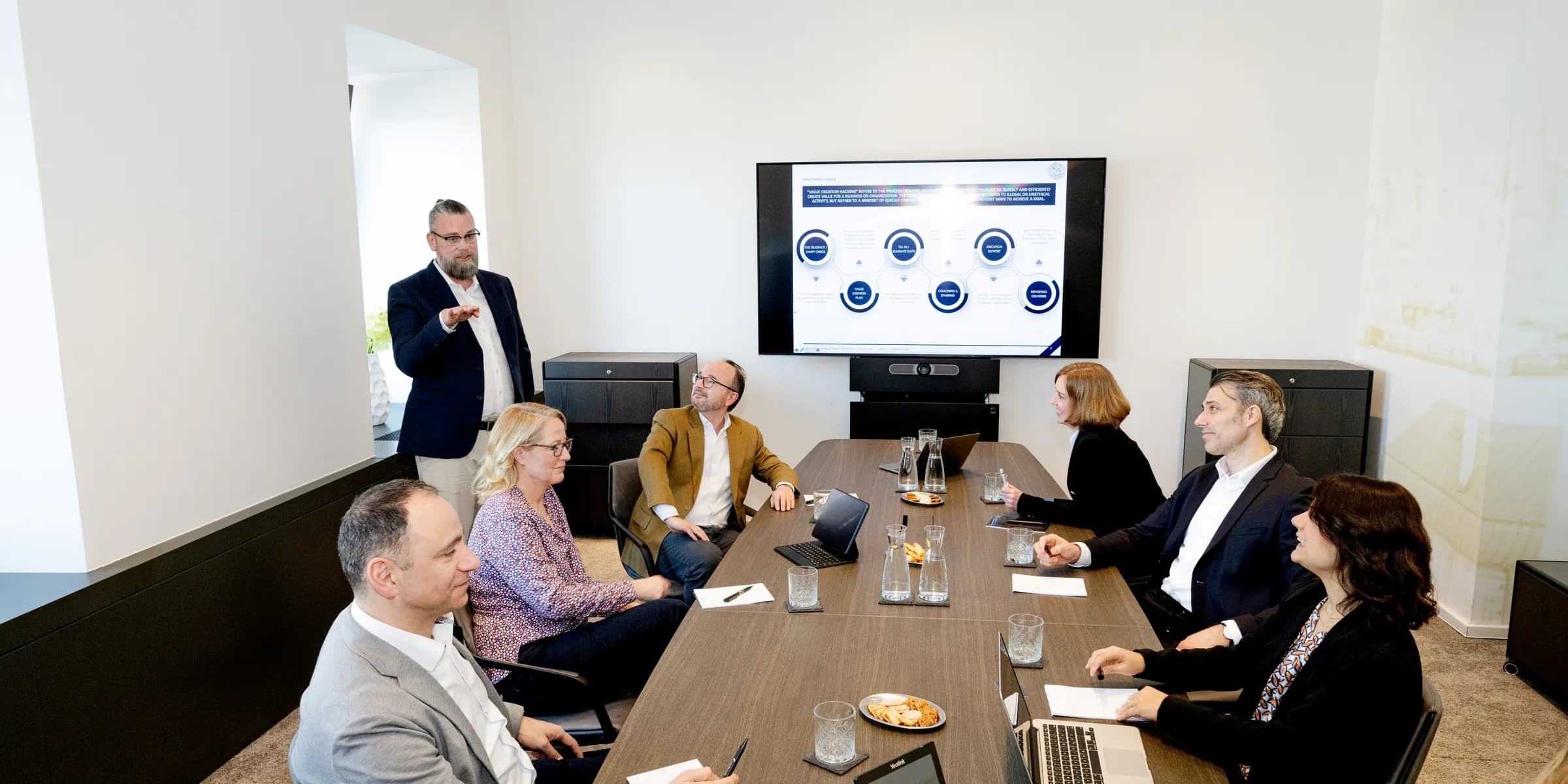 Mark C. Reinold presenting results to a team in the meeting room